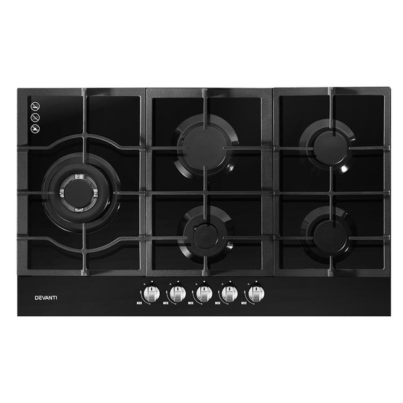 NNEDSZ Gas Cooktop 90cm 5 Burner Stove Hob Cooker Kitchen NG LPG Black Glass