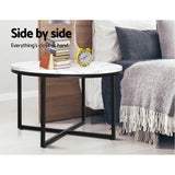 NNEDSZ Coffee Table Marble Effect Side Tables Bedside Round Black Metal 70X70CM