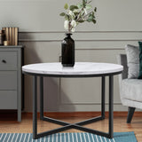NNEDSZ Coffee Table Marble Effect Side Tables Bedside Round Black Metal 70X70CM