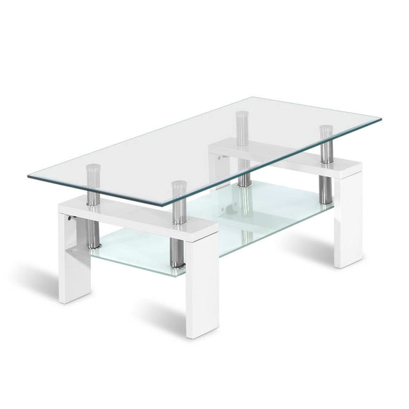 NNEDSZ 2 Tier Coffee Table Tempered Glass Stainless Steel White