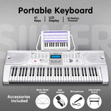 NNEDPE Karrera 61 Keys Electronic Keyboard Piano with Stand - Silver