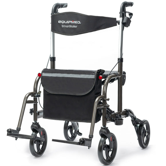 NNEMB 2-in-1 Foldable Aluminium Walking Frame Rollator and Transit Wheelchair with Bag-Titanium colour
