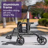 NNEMB 2-in-1 Foldable Aluminium Walking Frame Rollator and Transit Wheelchair with Bag-Titanium colour