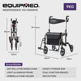 NNEMB 2-in-1 Foldable Aluminium Walking Frame Rollator and Transit Wheelchair with Bag-Titanium colour