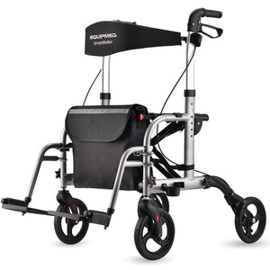NNEMB 2-in-1 Foldable Aluminium Walking Frame Rollator and Transit Wheelchair with Bag-Silver