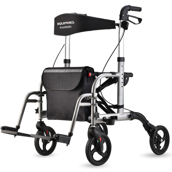 NNEMB 2-in-1 Foldable Aluminium Walking Frame Rollator and Transit Wheelchair with Bag-Silver