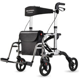 NNEMB 2-in-1 Foldable Aluminium Walking Frame Rollator and Transit Wheelchair with Bag-Silver