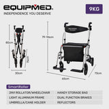 NNEMB 2-in-1 Foldable Aluminium Walking Frame Rollator and Transit Wheelchair with Bag-Silver