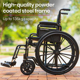 NNEMB Folding Wheelchair-XL 51cm Wide Seat-24 Inch Wheels-136kg Capacity-Park Brakes-Black