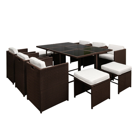 NNEDSZ 11 Piece PE Wicker Outdoor Dining Set - Brown & White