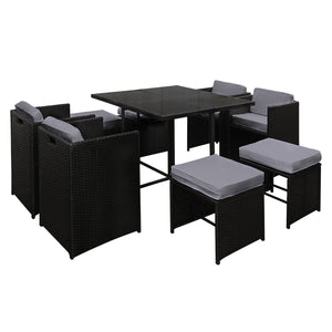 NNEDSZ 9 Piece Wicker Outdoor Dining Set - Black & Grey