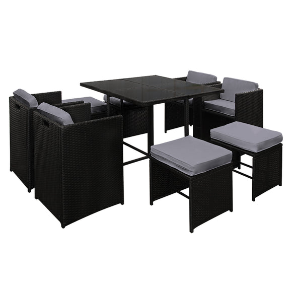 NNEDSZ 9 Piece Wicker Outdoor Dining Set - Black & Grey