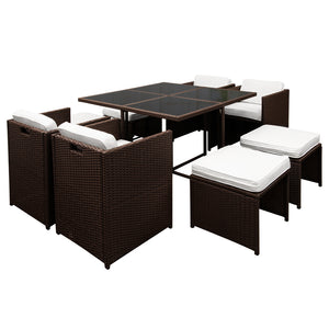 NNEDSZ 9 Piece Wicker Outdoor Dining Set - Brown & White