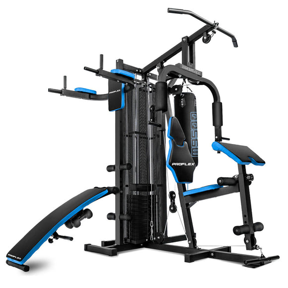 NNEMB Blue Multi Station Home Gym Set with 125lbs Plates & Boxing Bag-M9500