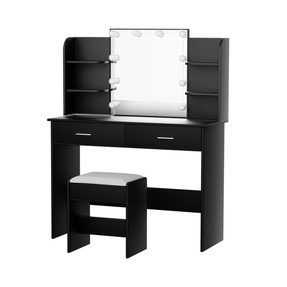 NNEDSZ Dressing Table LED Makeup Mirror Stool Set 10 Bulbs Vanity Desk Black