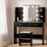 NNEDSZ Dressing Table LED Makeup Mirror Stool Set 10 Bulbs Vanity Desk Black