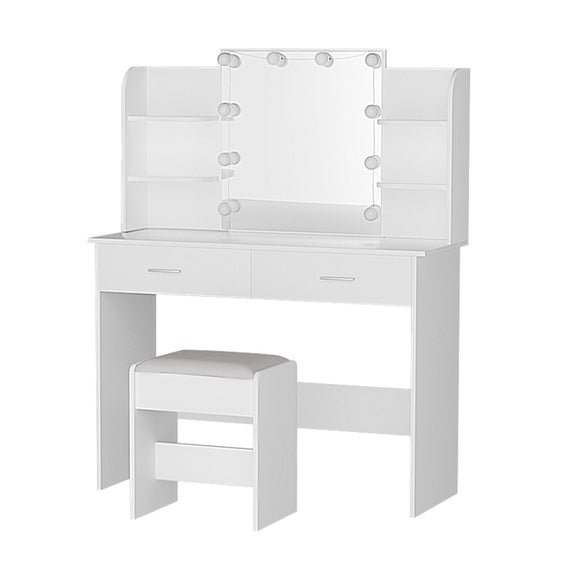 NNEDSZ Dressing Table LED Makeup Mirror Stool Set 10 Bulbs Vanity Desk White