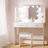 NNEDSZ Dressing Table LED Makeup Mirror Stool Set 10 Bulbs Vanity Desk White