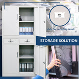 NNEMB 4-Door Lockable Metal Stationary Storage Cabinet with 2 Drawers-Grey