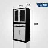NNEMB 4-Door Lockable Metal Stationary Storage Cabinet with Display Windows-2 Drawers-Black and Grey