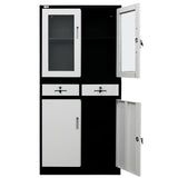 NNEMB 4-Door Lockable Metal Stationary Storage Cabinet with Display Windows-2 Drawers-Black and Grey