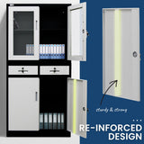 NNEMB 4-Door Lockable Metal Stationary Storage Cabinet with Display Windows-2 Drawers-Black and Grey