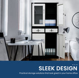 NNEMB 4-Door Lockable Metal Stationary Storage Cabinet with Display Windows-2 Drawers-Black and Grey