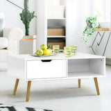 NNEDSZ Coffee Table Storage Drawer Open Shelf Wooden Legs Scandinavian White