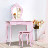 NNEDSZ Pink Kids Vanity Dressing Table Stool Set Mirror Princess Children Makeup