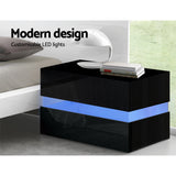 NNEDSZ Bedside Table 2 Drawers RGB LED Side Nightstand High Gloss Cabinet Black