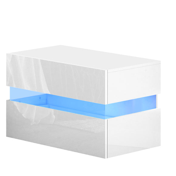 NNEDSZ Bedside Table 2 Drawers RGB LED Side Nightstand High Gloss Cabinet White