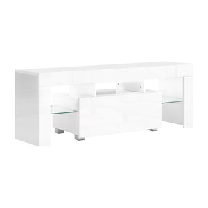 NNEDSZ 130cm RGB LED TV Stand Cabinet Entertainment Unit Gloss Furniture Drawer Tempered Glass Shelf White