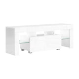 NNEDSZ 130cm RGB LED TV Stand Cabinet Entertainment Unit Gloss Furniture Drawer Tempered Glass Shelf White