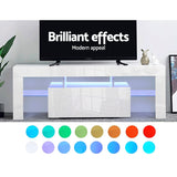 NNEDSZ 130cm RGB LED TV Stand Cabinet Entertainment Unit Gloss Furniture Drawer Tempered Glass Shelf White