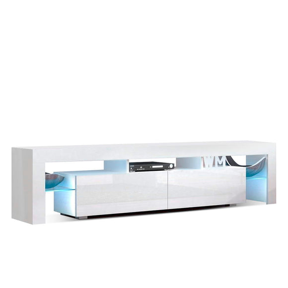 NNEDSZ 189cm RGB LED TV Stand Cabinet Entertainment Unit Gloss Furniture Drawers Tempered Glass Shelf White
