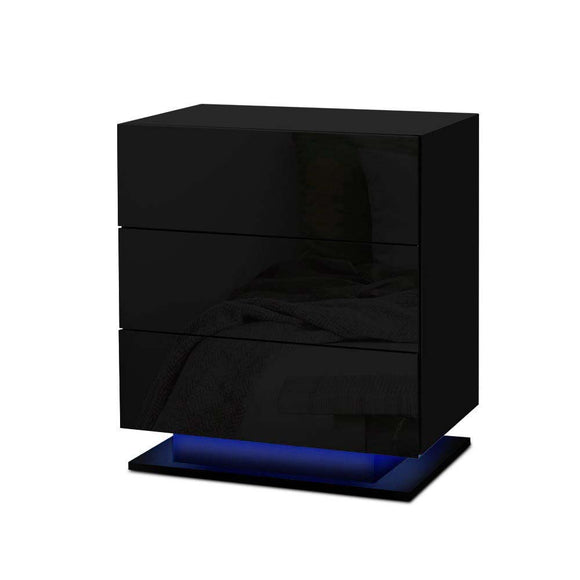 NNEDSZ Bedside Tables Side Table RGB LED Lamp 3 Drawers Nightstand Gloss Black