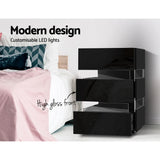 NNEDSZ Bedside Table Side Unit RGB LED Lamp 3 Drawers Nightstand Gloss Furniture Black
