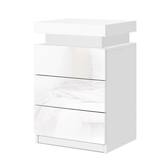 NNEDSZ Bedside Tables Side Table 3 Drawers RGB LED High Gloss Nightstand White