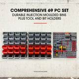 NNEMB 69pc Wall Mounted Parts Bin Rack with Tool Holders-Red