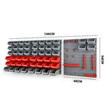 NNEMB 69pc Wall Mounted Parts Bin Rack with Tool Holders-Red