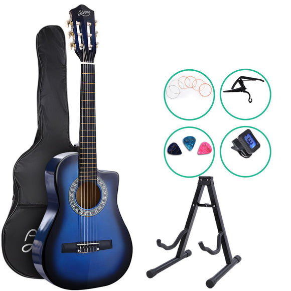 NNEDSZ 34 Inch Guitar Classical Acoustic Cutaway Wooden Ideal Kids Gift Children 1/2 Size Blue with Capo Tuner