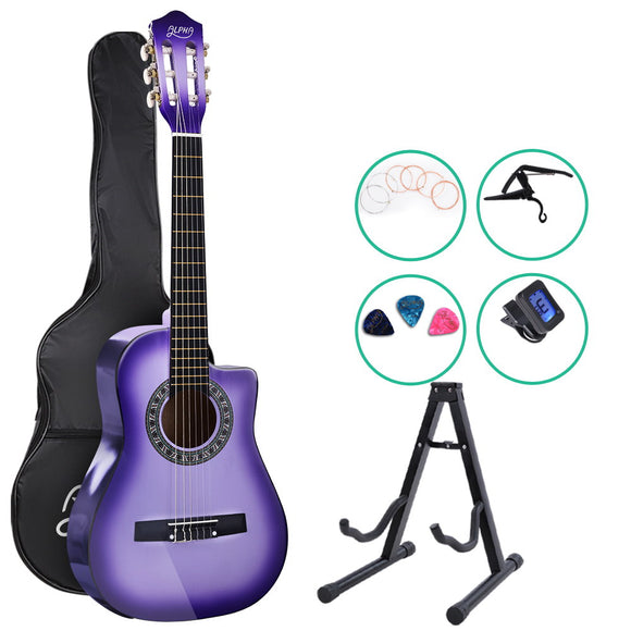 NNEDSZ 34 Inch Guitar Classical Acoustic Cutaway Wooden Ideal Kids Gift Children 1/2 Size Purple with Capo Tuner