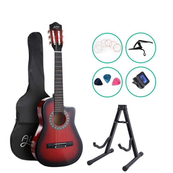 NNEDSZ 34 Inch Guitar Classical Acoustic Cutaway Wooden Ideal Kids Gift Children 1/2 Size Red with Capo Tuner