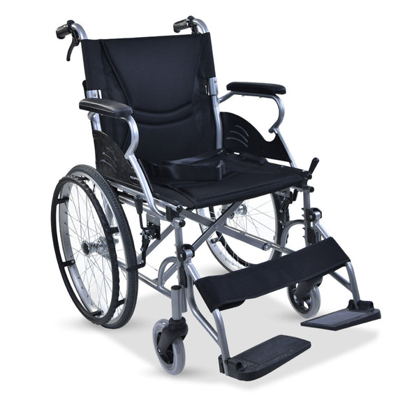 NNEMB Folding Aluminium Wheelchair-20 Wheels-Park Brakes-100kg Capacity-Black