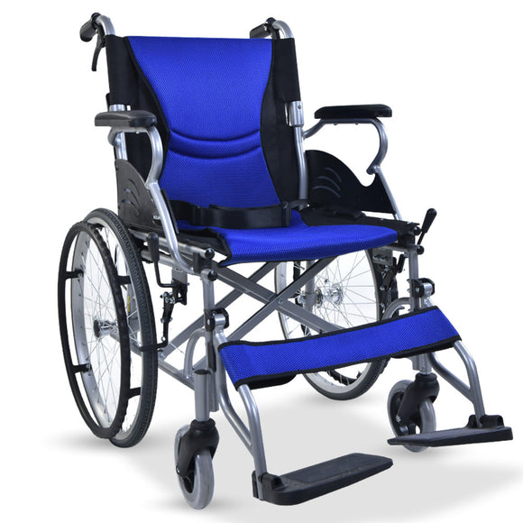 NNEMB Folding Aluminium Wheelchair-20 Wheels-Park Brakes-100kg Capacity-Blue