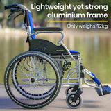 NNEMB Folding Aluminium Wheelchair-20 Wheels-Park Brakes-100kg Capacity-Blue