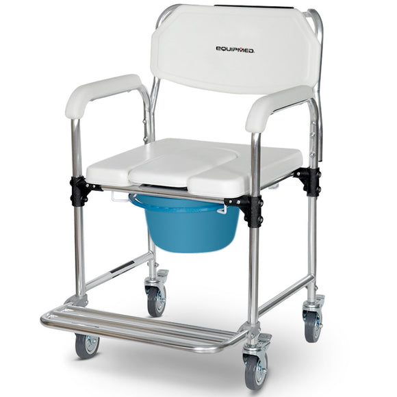 NNEMB Commode Shower Chair-Over Toilet or Bedside 136kg Capacity Aluminium frame with Wheels-White/Blue