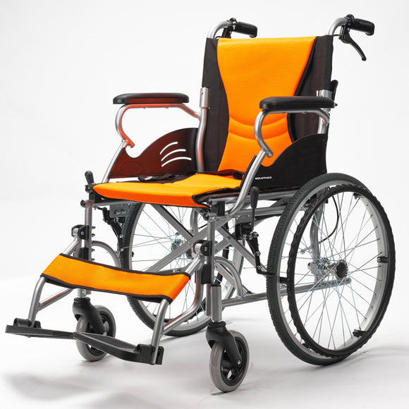NNEMB Folding Aluminium Wheelchair-20 Wheels-Park Brakes-100kg Capacity-Orange