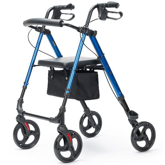 NNEMB 4 Wheel Lightweight Rollator Walker-Aluminium Frame-Seat-Carry Bag-for Seniors-Blue