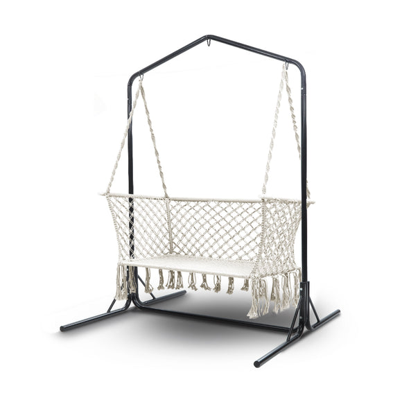 NNEDSZ Double Swing Hammock Chair with Stand Macrame Outdoor Bench Seat Chairs